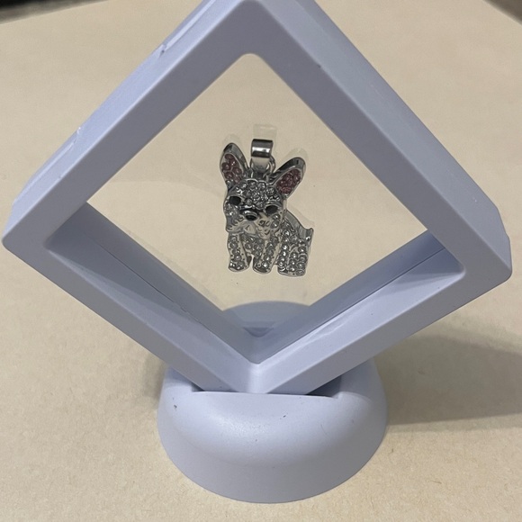 French Bulldog Silver Crystal Pendant Necklace - Pink Ear Accents display case - Picture 10 of 10